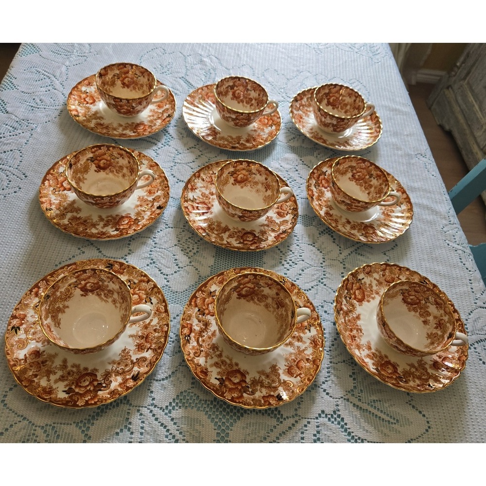 Antique 8 Tea Cup And Saucer Sets Victorian Rust Bone China,Samuel Radford